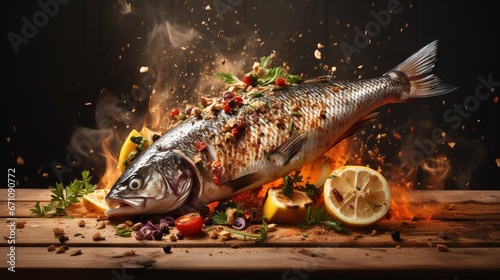  a fish on a table with a lot of food on it. generative ai