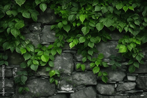 Gray stone bricks wall with ivy covered. Castle old medieval rock block wall. Green leaves concrete texture background