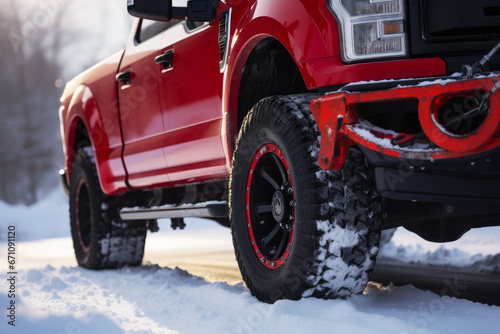 Close up of the pickup towing truck on the winter road photo