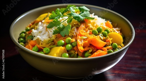  a bowl filled with rice, peas, carrots and cilantro. generative ai