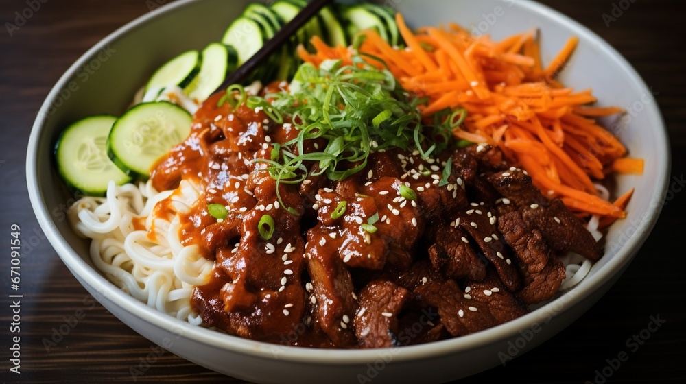 a bowl of food with meat, noodles, and cucumbers. generative ai a bowl of food with meat, noodles, and cucumbers. generative ai