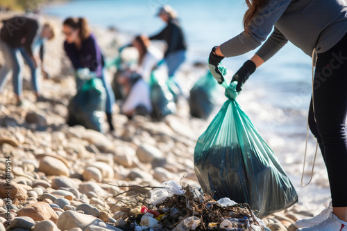 Group of people participating in a shoreline cleanup. People collect garbage. Cleaning day. Garbage in the ocean