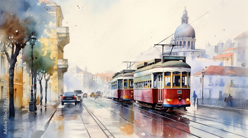  a painting of a trolley on a city street with a car passing by.  generative ai