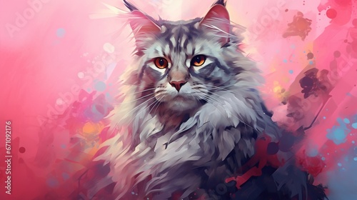  a painting of a cat with orange eyes and a pink background.  generative ai © Shanti