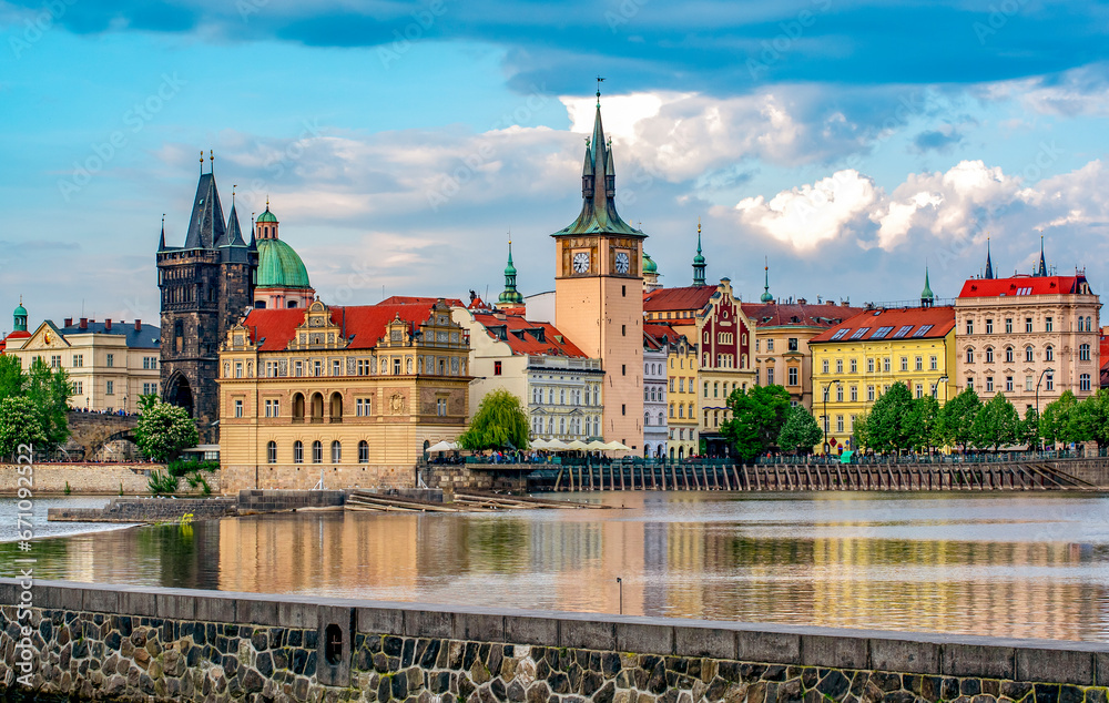 Prague cityscape with medieval architecture at Vltava river, Czech Republic