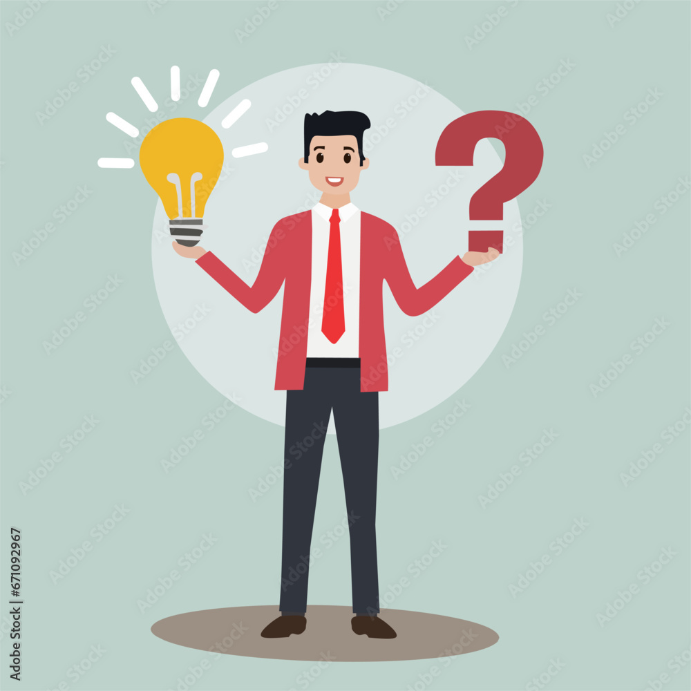 Question and answer, Smart Businessman with Question Mark and Lightbulb. Answering questions and finding solutions with creative thinking.