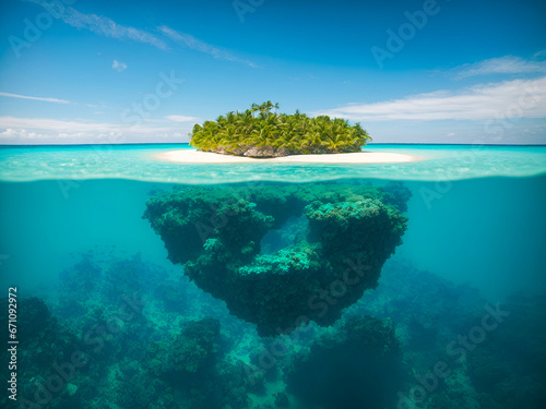 A floating island with lush greenery above turquoise waters  revealing a hidden underwater cliff beneath a clear blue sky