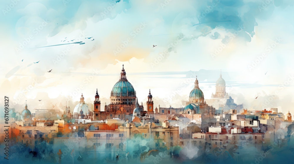 Obraz premium a painting of a city with a bird flying over it. generative ai