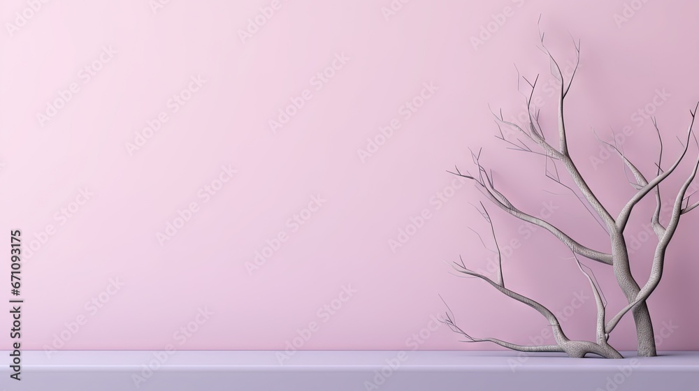 a bare tree in front of a pink wall with a clock. generative ai a bare tree in front of a pink wall with a clock. generative ai