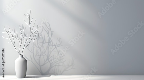  a white vase with a branch in it on a table.  generative ai photo
