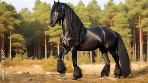 Black stallion with long mane galloping in autumn forest. 