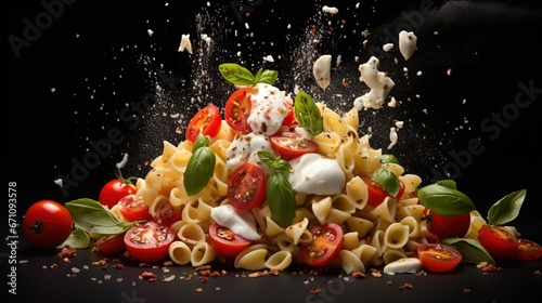  a pile of pasta with tomatoes, mozzarella and basil.  generative ai