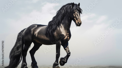 Black horse walking in the desert on a cloudy day. 3d rendering. 