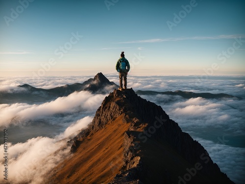 Silhouette of a man on top of a mountain peak above clouds, leader concept