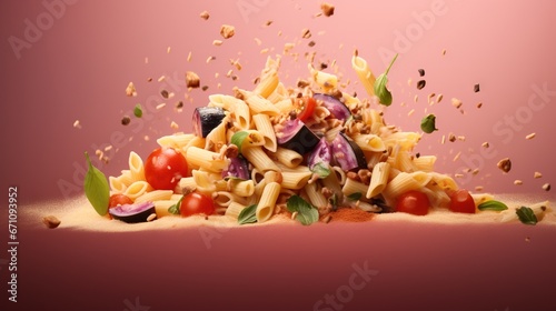  a pile of pasta with vegetables falling out of it on a pink background. generative ai