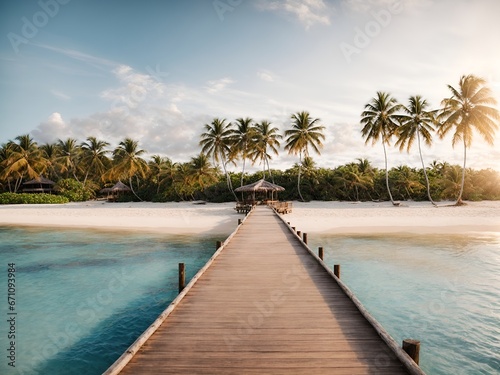 A serene tropical beach at sunset with a wooden boardwalk leading to palm
