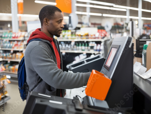 A person uses a self-checkout device in a supermarket