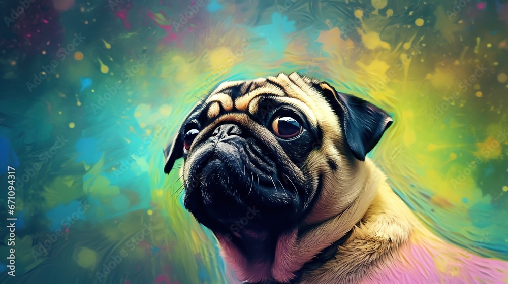  a pug dog is looking up at the camera with a colorful background.  generative ai