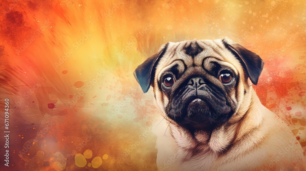  a pug dog is looking at the camera with a colorful background.  generative ai