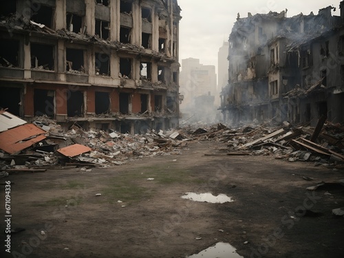 Destroyed city, war background