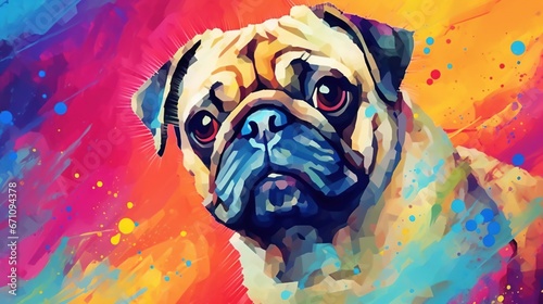  a painting of a pug dog on a colorful background. generative ai