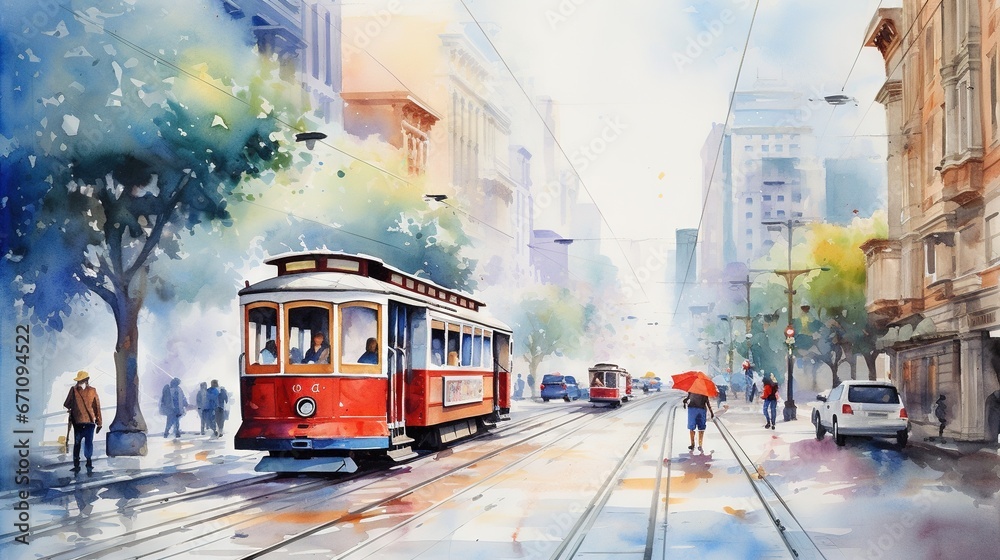  a painting of a trolley on a city street with people.  generative ai