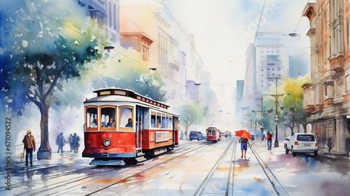  a painting of a trolley on a city street with people. generative ai