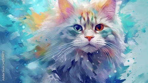  a painting of a white cat with orange eyes and a blue background. generative ai