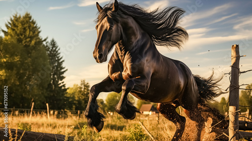 Beautiful bay stallion jumping over a wooden fence. Black horse jumping over obstacle in equestrian sports arena.