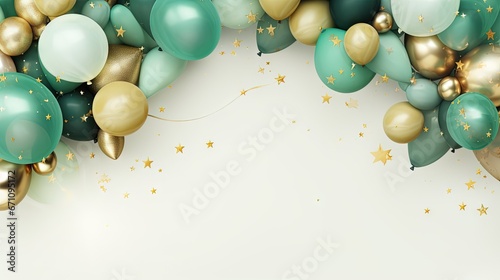  a bunch of balloons with gold and green balloons on them.  generative ai photo