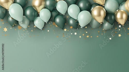  a group of balloons with gold stars on them and a green background. generative ai