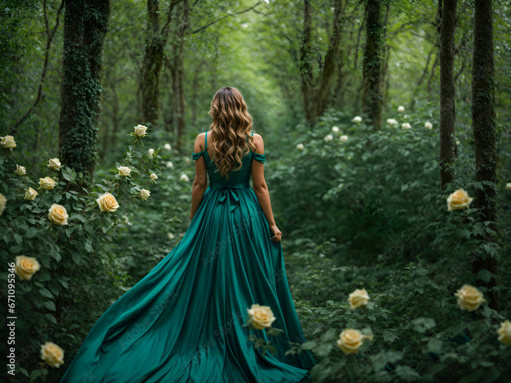 A girl in a dress stands in a forest full of trees and green plants with roses A girl in a dress stands in a forest full of trees and green plants with roses