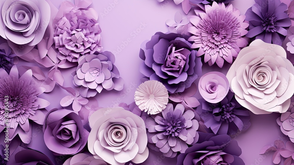 a bunch of paper flowers are on a purple background with white and pink petals.  generative ai