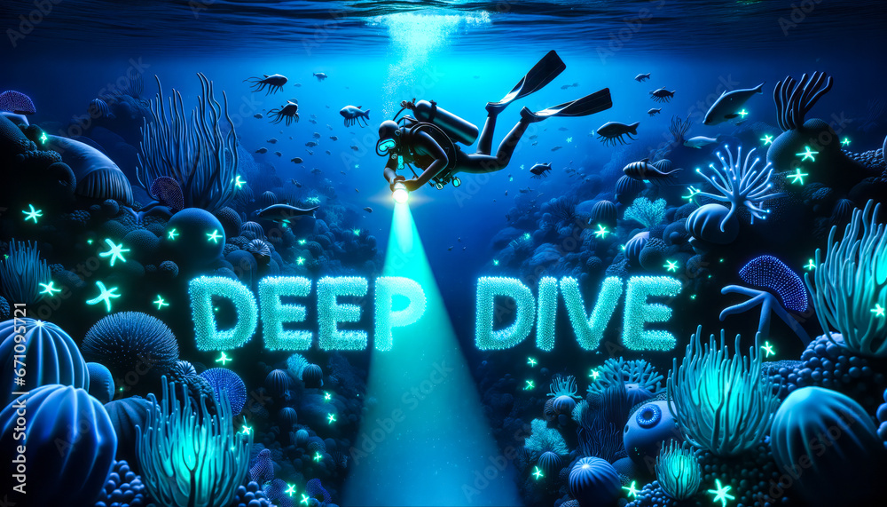 Scuba diver descending into the deep ocean with a powerful flashlight. Surrounding the diver, bioluminescent creatures spell out DEEP DIVE, highlighting the exploration of unknown depths.