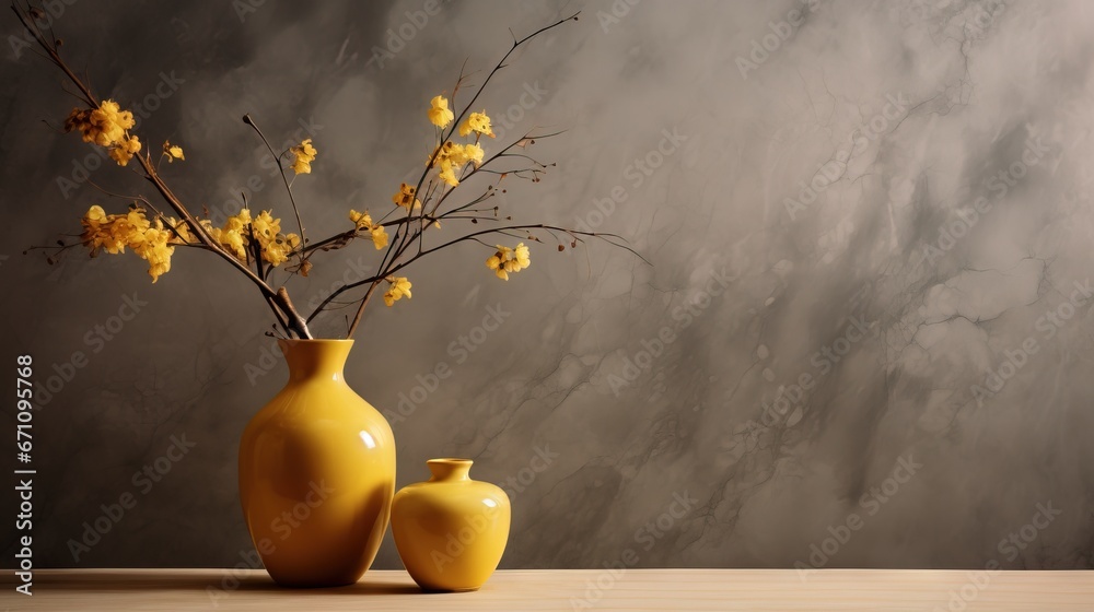  two yellow vases with yellow flowers in them on a table.  generative ai