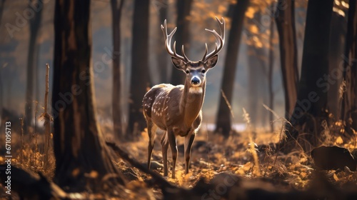 Photo of a male deer in the wild, displaying large, towering luxurious antlers, looking towards the camera. © Matthew