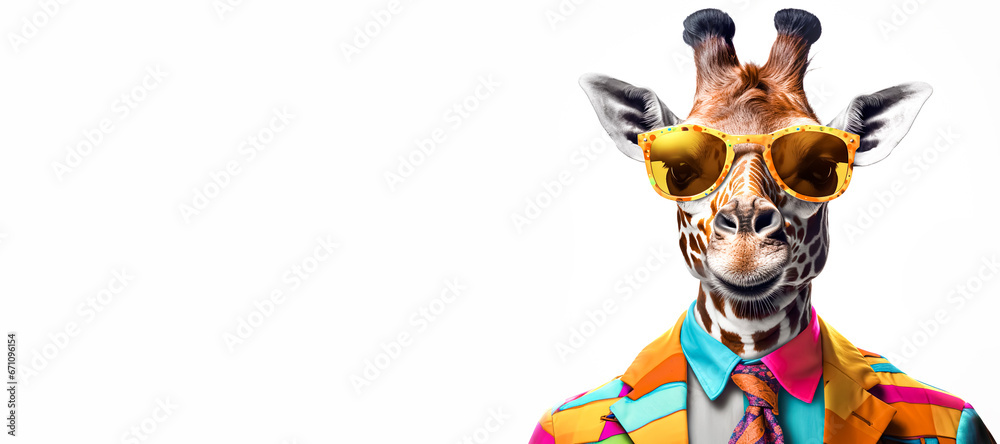 Fantasy giraffe wearing glasses with multicolored style.funny wildlife in surreal surrealism art.creativity. and inspiration background.