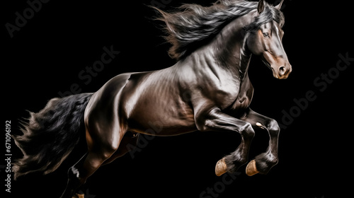 Black stallion  horse with long mane running in studio on grey background. 