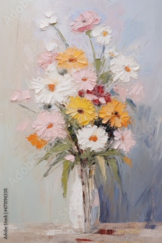 A vintage-inspired painting of a gorgeous bouquet, characterized by retro elements and detailed palette knife painting textures, suitable for wall decor or seamless patterns.