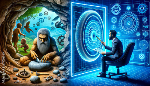 Split screen: one side displays a caveman carving a stone wheel, other side shows a modern scientist designing an advanced wheel with holographic blueprints, illustrating Reinvent the Wheel concept. photo