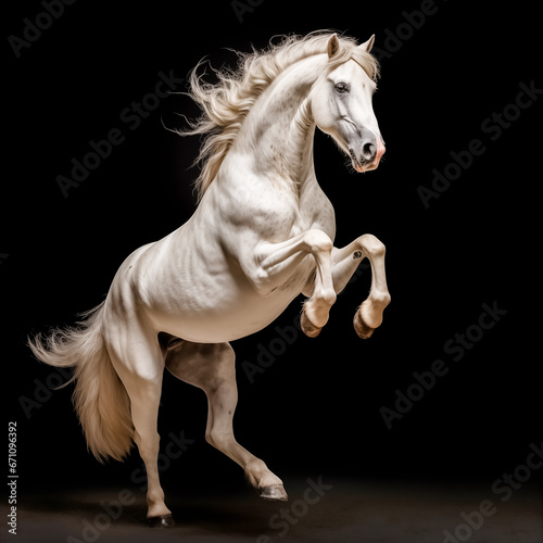 Beautiful white prancing horse in the studio with black background. Side view. 