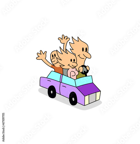 Cute happy family characters travelling by car with their hands and hair blowing in the wind. Colorful hand drawn cartoon style vector illustration isolated on white background.