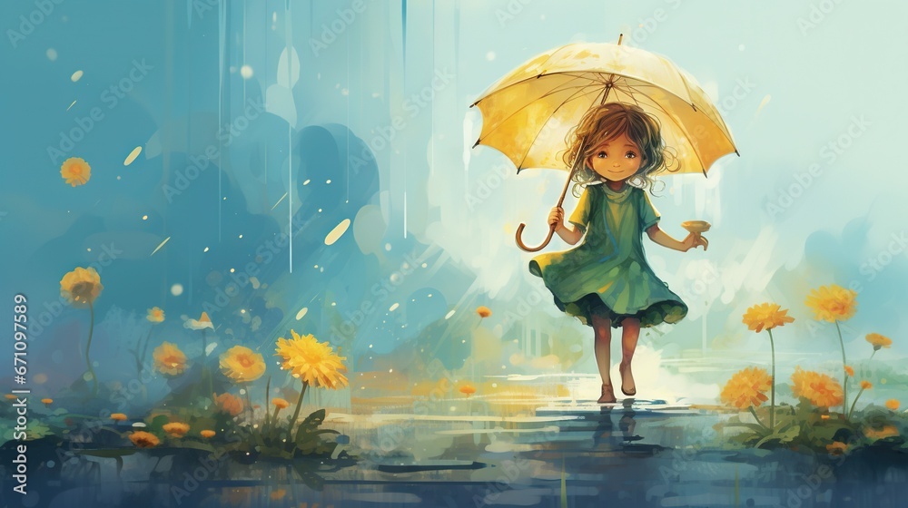  a girl with an umbrella is walking in the rain with dandelions.  generative ai