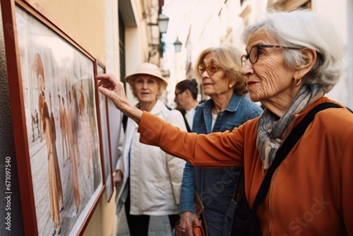 shot of an attractive young female tour guide showing her seniors some artwork in a public space