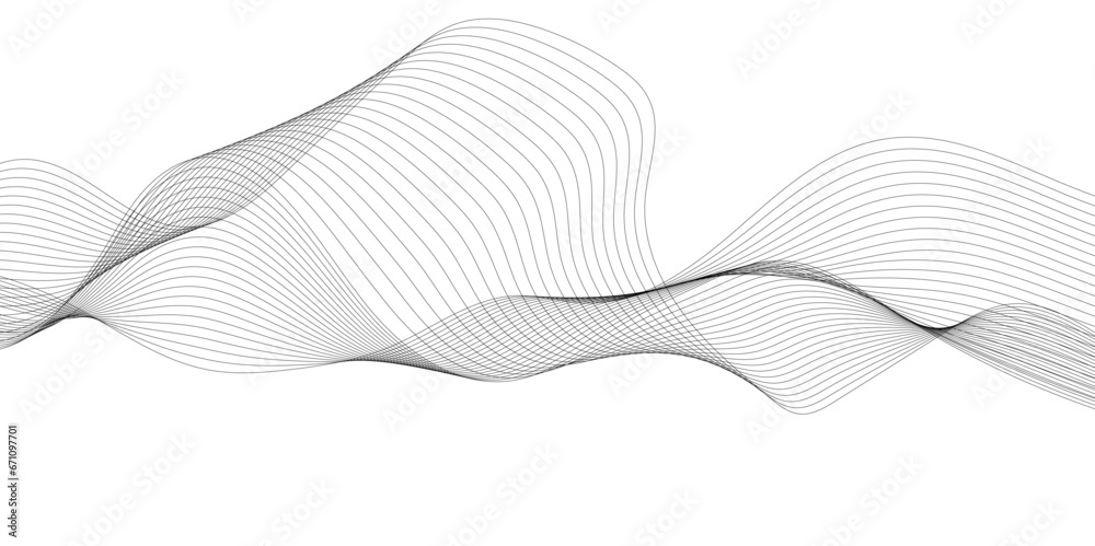 Abstract grey smooth element wavy modern curve lines on transparent background. Digital frequency track equalizer. Abstract frequency sound wave lines, twisted curve lines and technology background.