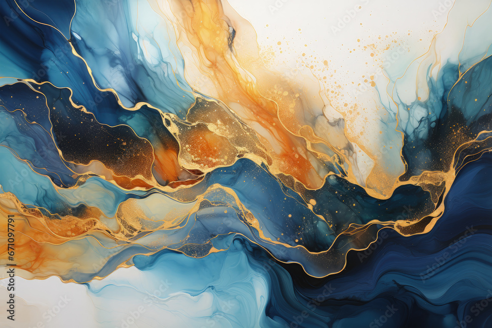 Abstract blue wave with gold lines watercolor texture painting ...