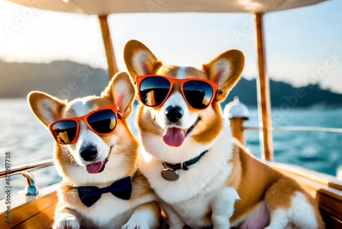 Funny Corgi Dogs wearing sunglasses on a yacht with the sea and blue sky background © totojang1977