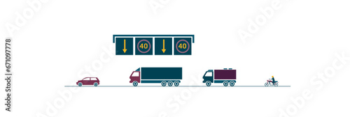 Vehicles passing along by traffic signs indicating allowed velocity and lanes. Transport. Flat style colorful vector illustration isolated on white background.