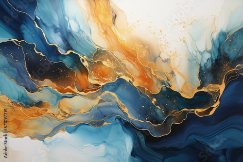 Abstract blue wave with gold lines watercolor texture painting, Generative Ai photo