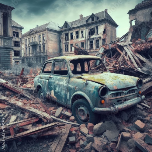 car in the middle of a destroyed building war background © Deanmon